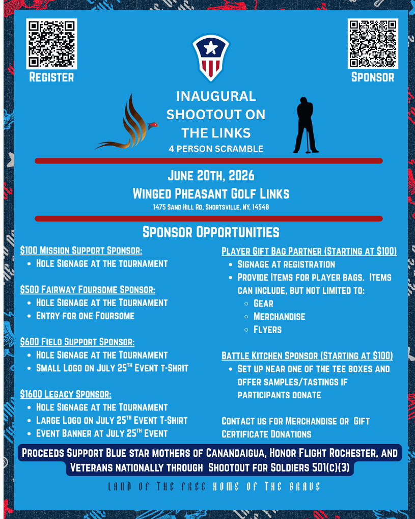 🚨 SPONSORS NEEDED🚨

Hey upstate NY!!! Shootout for Soldiers Canandaigua is now seeking sponsors for our inaugural Shootout on the Links golf tournament on June 20th. Lots of opportunities available starting at $100.  See below 👇 for more info.

 canandaiguaonthelinks.sfsevents.org/Race/SFSCanand…