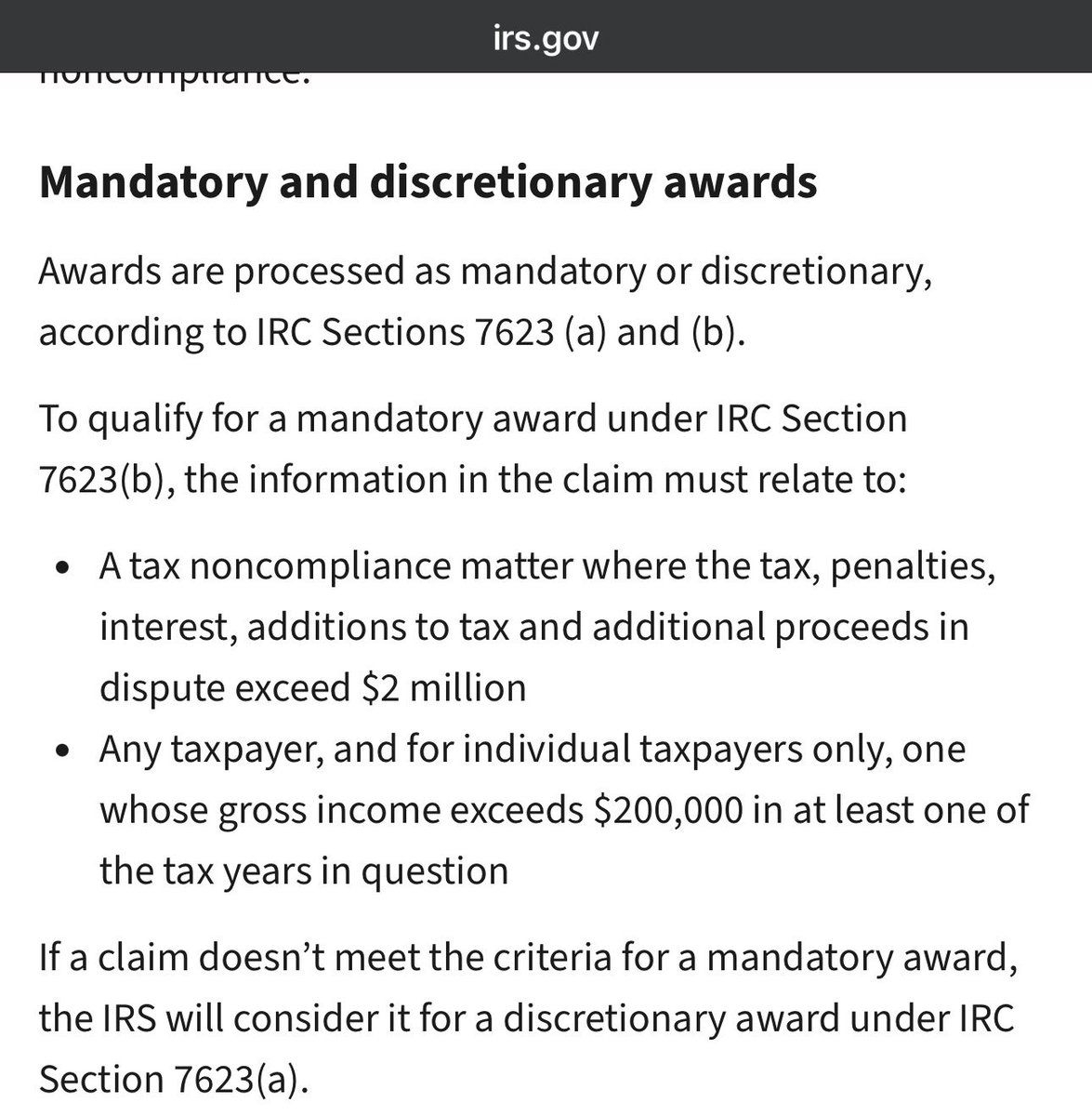sleegja's tweet photo. @camolNFT IRS only awards you if amount of tax owed and gross income of TP exceeds certain thresholds.  Sure, it may award you anyway, but I wouldn’t hold my breath. https://t.co/vZmjTGvJeD