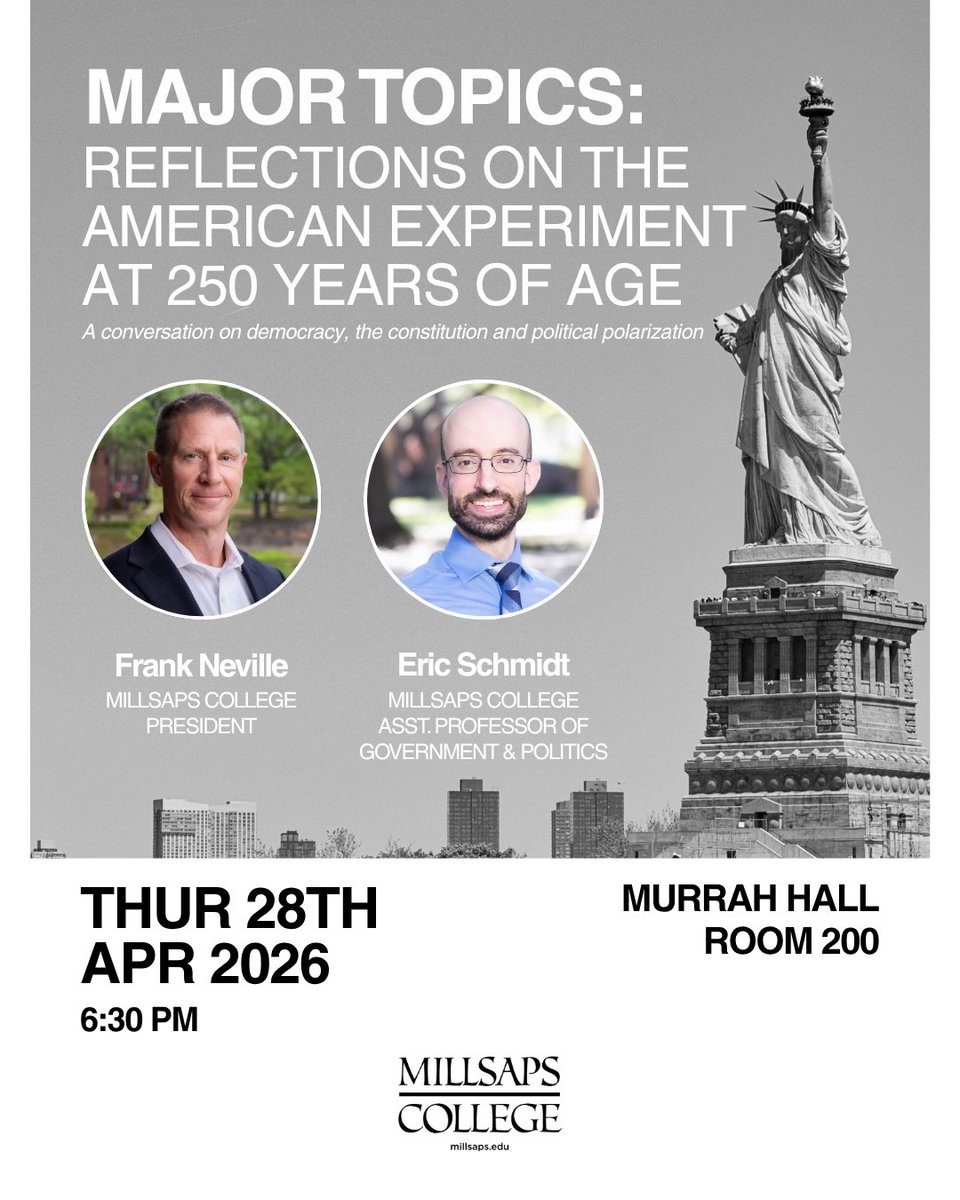 millsapscollege's tweet photo. Join Millsaps President Frank Neville &amp; Professor of History &amp; Politics Eric Schmidt for a talk on how partisan polarization is shaping American democracy. Tuesday, April 28 at 6:30 p.m. Register here: https://t.co/1oduofJF84. #Democracy #CivilDiscourse #America250 #USA250 https://t.co/OF3MLvb4M6
