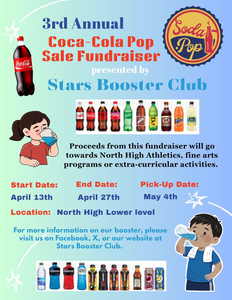Starboosterclub's tweet photo. Rise and Shine it's POP Sales Time! 

Brought back by popular demand. We have discounted pricing on Coke products, sports drinks, and tea. Perfect time to stock up for sporting events, pool parties, warm weather, and even graduation parties. 
Email @ starsboosters@icloud.com https://t.co/azEEGdtqI1