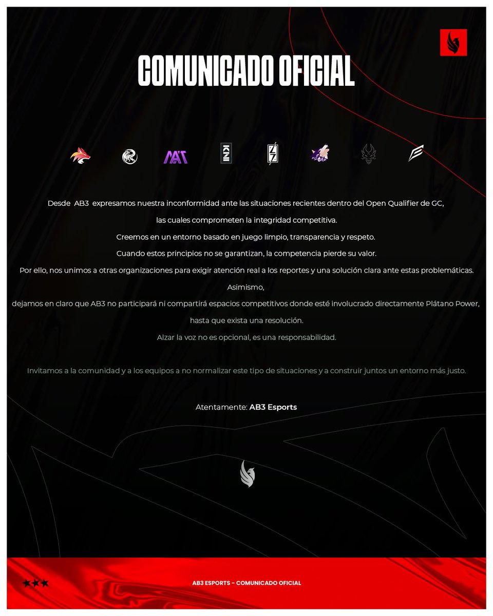 AB3_Esports's tweet image. Comunicado oficial: @PPWesports 
Callar también es ser cómplice, es responsabilidad de todos construir un entorno seguro para nuestra comunidad.

#UnidosPorGC #GOAB3