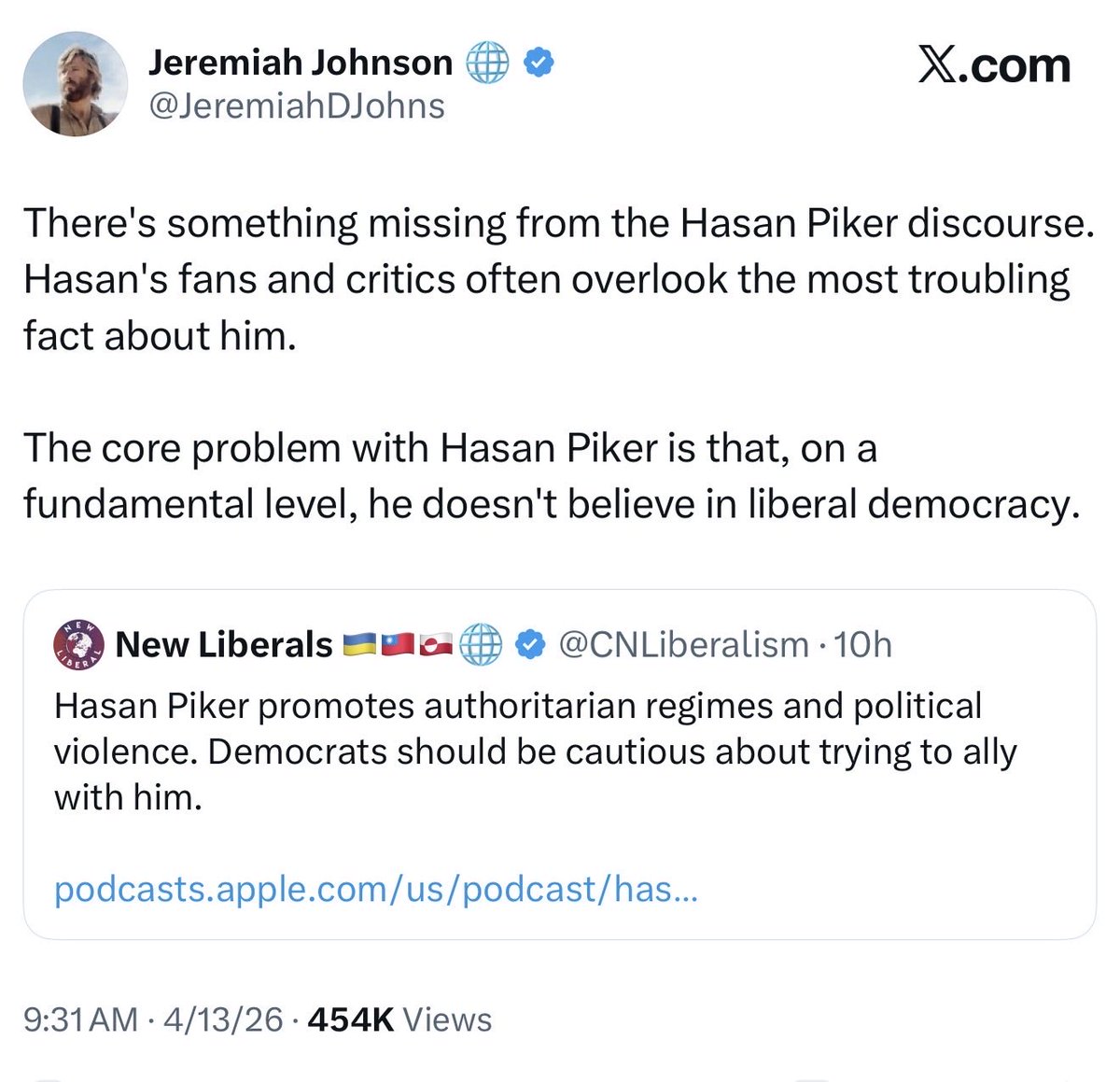 Ah yes, the guy you’ve been smearing for a month straight because he’s interviewing candidates and campaigning in Democratic primaries “doesn’t believe in liberal democracy,” unlike you, a club blindly devoted to arming a fascist kleptocratic apartheid regime in the Middle East.