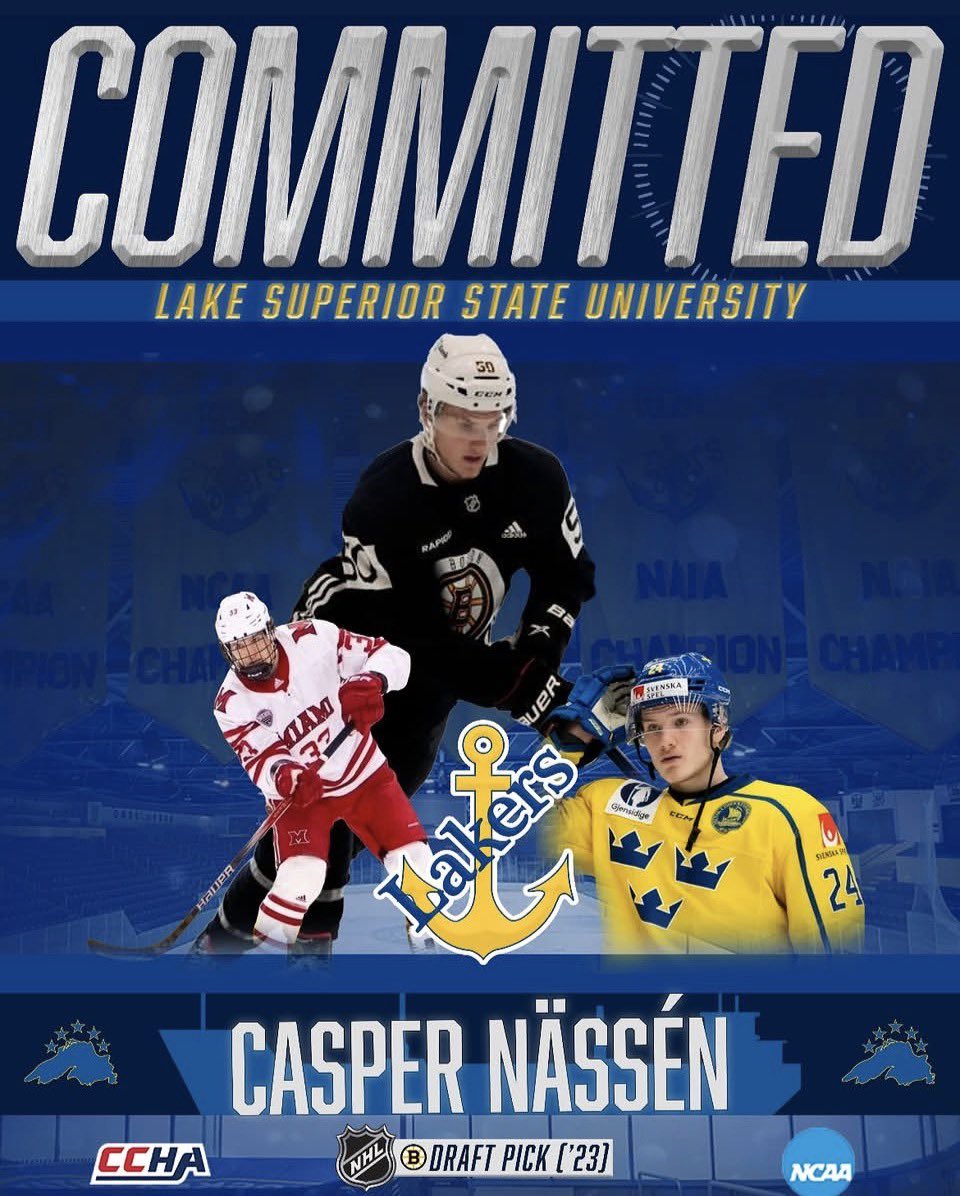 ‼️🚨BREAKING🚨‼️
The Lake Superior State University Lakers have acquired Casper Nässén from the transfer portal. 

Nässén is a 2023 NHL Draft pick of the <a href="/NHLBruins/">x - Boston Bruins</a> 

The ‘04 born Forward from Norrtälje, SWE has combined for 28 PTS in 70 GP played with <a href="/MiamiOH_Hockey/">Miami Hockey</a>
