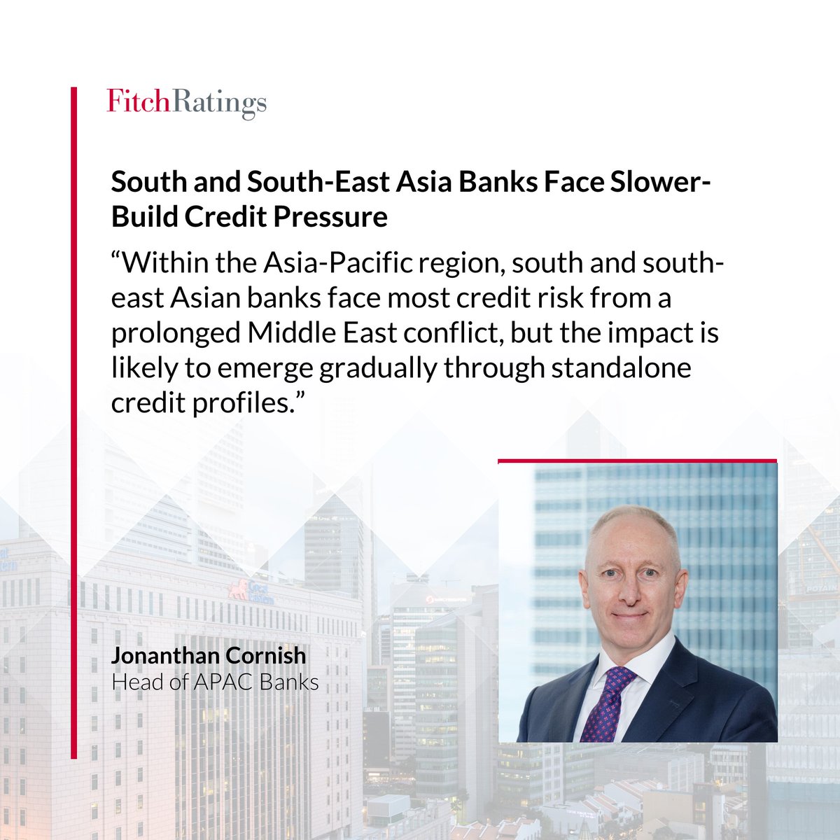 FitchRatings's tweet image. Fitch’s 2026 #banking sector outlooks already incorporate expectations of some asset-quality deterioration in several #APAC markets, but a more prolonged conflict would intensify pressure.

Read more: ow.ly/KoPP50YI3Sx

#SEAsia #Banks #Credit #IranWar #Geopolitics