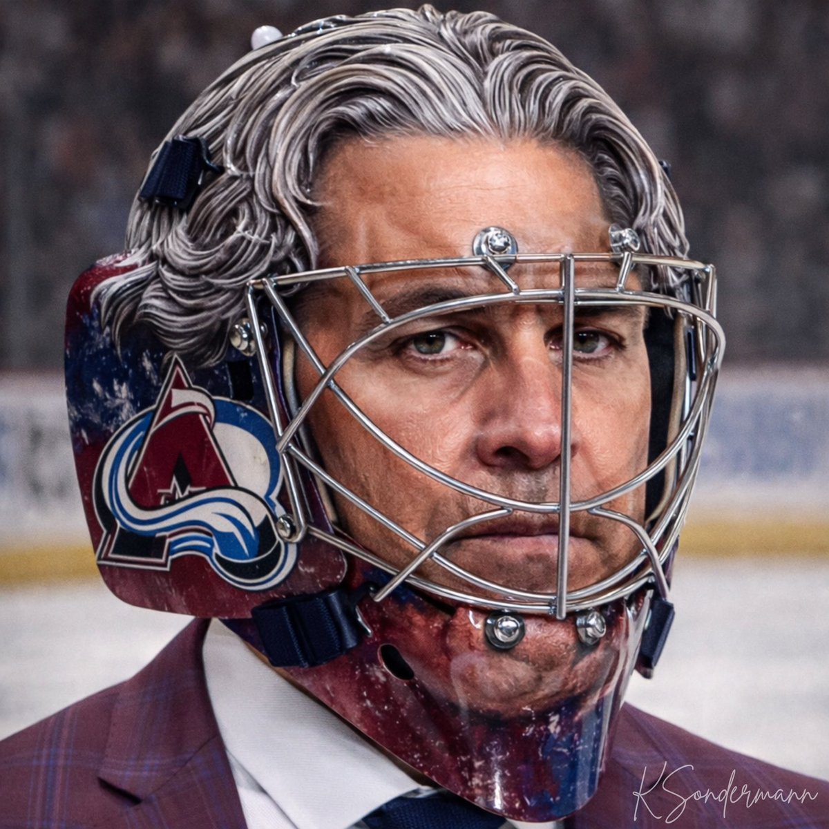 ksondermann's tweet photo. Turns out Bednar’s hair gel wasn’t enough to protect him… so just in time for the playoffs, we present: Jared Bednar’s Behind-the-Bench Goalie Mask. 🥅  #GoAvsGo https://t.co/lT2phxcJni