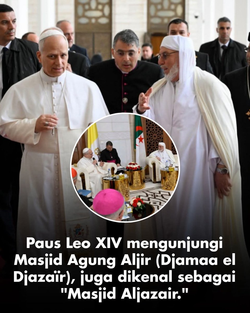 icatwps's tweet photo. Paus Leo XIV mengunjungi Masjid Agung Aljir (Djamaa el Djazaïr), juga dikenal sebagai "Masjid Aljazair." Kompleks monumental ini, yg memiliki menara tertinggi di dunia sekitar 265 M. Dianggap sebagai masjid terbesar ketiga setelah masjid di Mekah &amp; Madinah. 
🇻🇦🇩🇿 
#GerejaKatolik https://t.co/3zdBA5WCxM