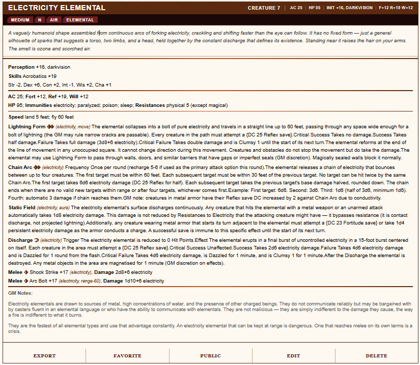 NPCGEN_Alucair's tweet image. Electricity Elemental in #pf2e #foundryvtt 

npc-gen.com/#vault
