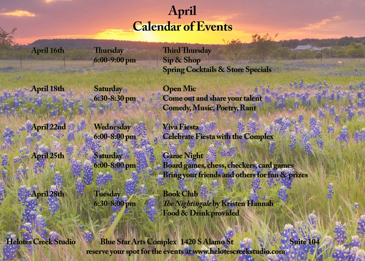BlueStarComplex's tweet photo. This month’s events coming up at Helotes Creek Studio starting off with Third Thursday, THIS Thursday! To see our full listing of events with all the happenings at the complex, see https://t.co/QEZ1BuOd9Z. 💙 https://t.co/xzynD3KE1U