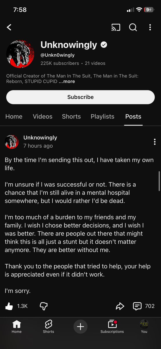 tylerkshredder's tweet image. #suicideprevention #StopSuicide

I don’t even think I have enough of a following to spread the word, but please, if you know this man in real life, contact him, and if this is your first time seeing this, spread the word.