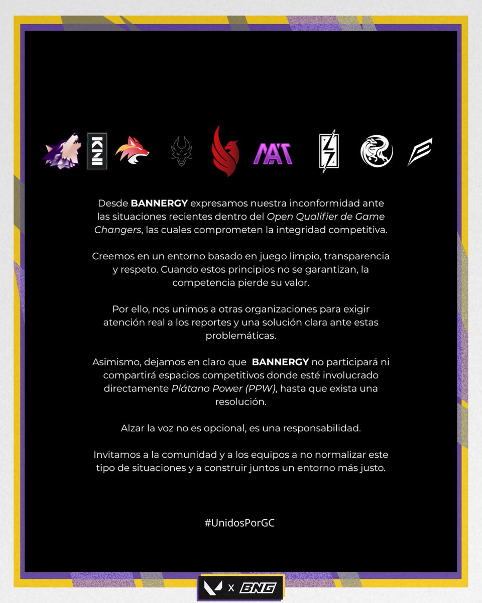 BannergyGG's tweet photo. 🚨 Comunicado Oficial 

Guardar silencio es ser cómplice. 
Bannergy fue fundado para ser un lugar seguro a nuestros equipos, staff &amp; players! Nuestro apoyo a nuestras jugadoras y todxs los afectadxs ante esta situación 

#UnidosPorGC #StrikeEm #GoBNG https://t.co/I1q36BRwEc