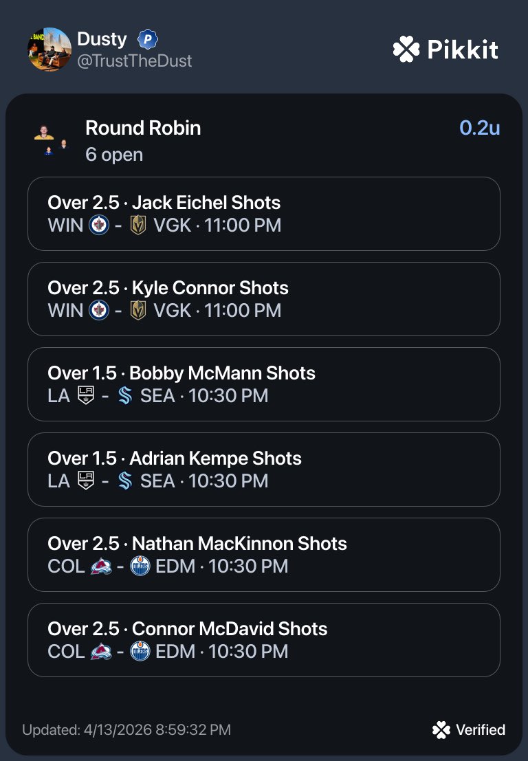 DustyPicks's tweet image. 🌙🏒Late Night Shots Parlay 

+750
Risk 0.2

Who’s in ?

#NHL
#parlay 
#freeplays