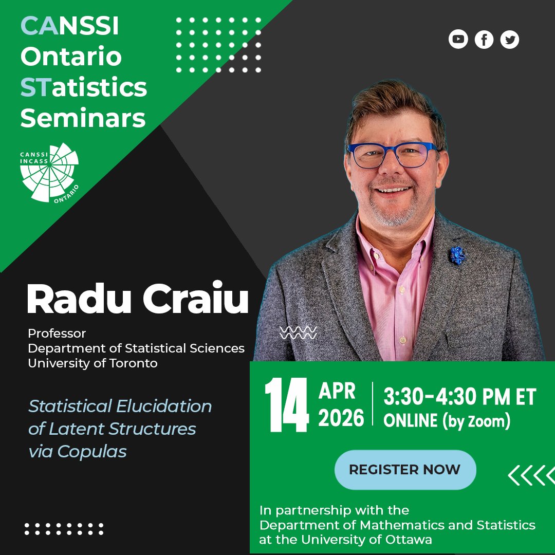 CANSSIOntario's tweet image. Join us for the #CAST talk with Prof. Radu Craiu @UofT on "Statistical Elucidation of Latent Structures via Copulas"

🗓️April 14, 2026 | 3:30-4:30 pm ET

✍🏻To register: bit.ly/41oOGTd

🤝 In partnership w/ University of Ottawa

#StatisticalSciences #Statistics