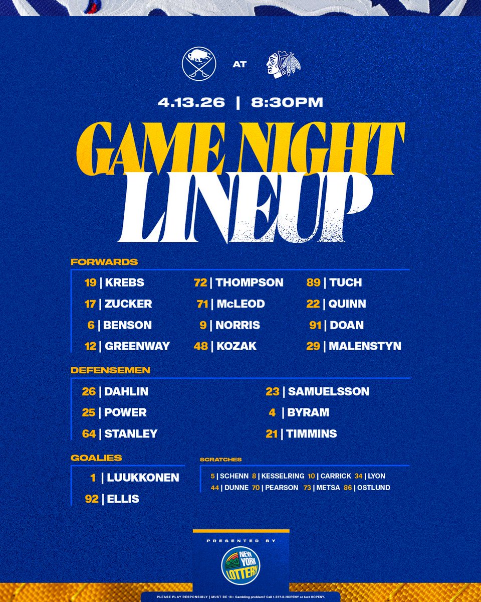 BuffaloSabres's tweet image. The look tonight against the Blackhawks. ⚔️

#LetsGoBuffalo | @newyorklottery