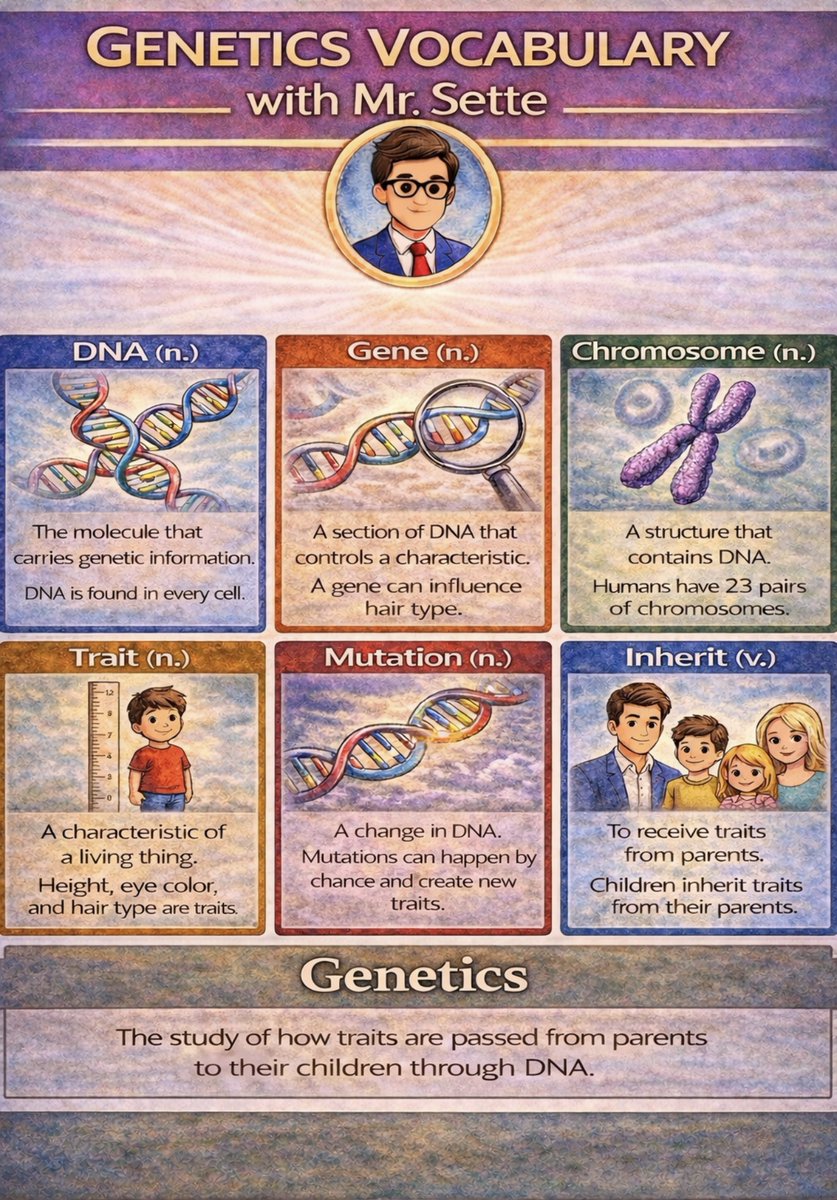 jorgesette7's tweet image. Genetics made simple.
Learn the key words that explain DNA, genes, traits, mutations, and inheritance.
Understanding genetics helps us understand life - how we grow, how we’re similar, and how we’re unique.
#Genetics #ScienceVocabulary #CLIL #STEAM #LearnEnglish