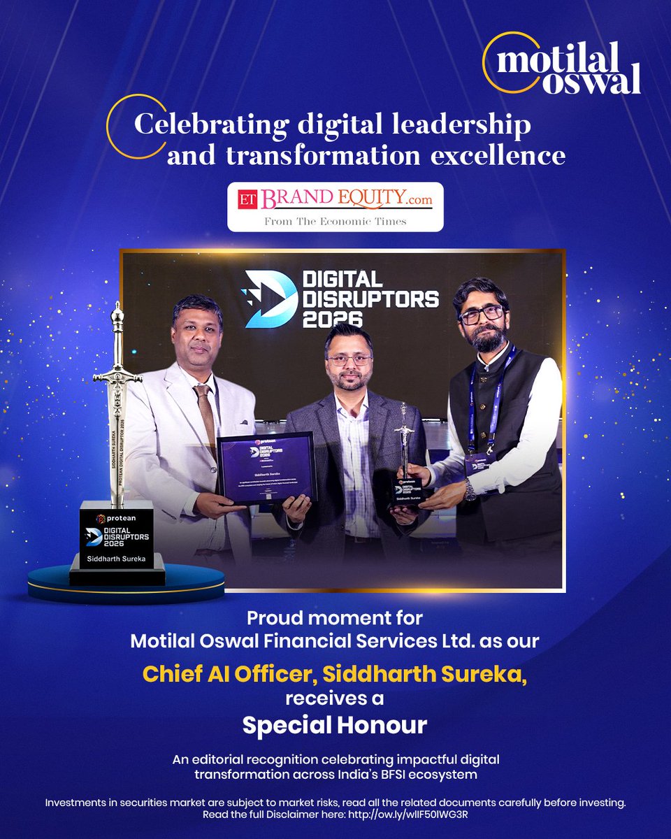 MotilalOswalLtd's tweet image. Proud moment for Motilal Oswal Financial Services Ltd.

Our Chief Al Officer, @sidd_tao, receives a Special Honour at Digital Disruptors 2026 by @ETBrandEquity, recognising impactful digital transformation in BFSI.

#DigitalTransformation #Al #Innovation #MOFSL