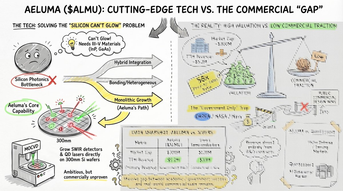 PhotonCap's tweet photo. $ALMU surged 40%+. The technology is real. But one question remains.

Of the $5M in revenue, how much comes from commercial customers?

What this article covers:
- Three methods of III-V on Si integration and where Aeluma actually sits
- Quintessent vs Aeluma: different technology, different market
- What the Bowers signal actually means

- The $4M contract in context, and why it does not justify a 40% move
- What I learned visiting the booth at Photonics West in person
- P/S 58x valuation broken down by scenario
$50M ATM + insider selling pattern and what it signals
- Five monitoring points: what to watch next

The real signal: The problem is not whether the physics works. It is who is buying outside of government.