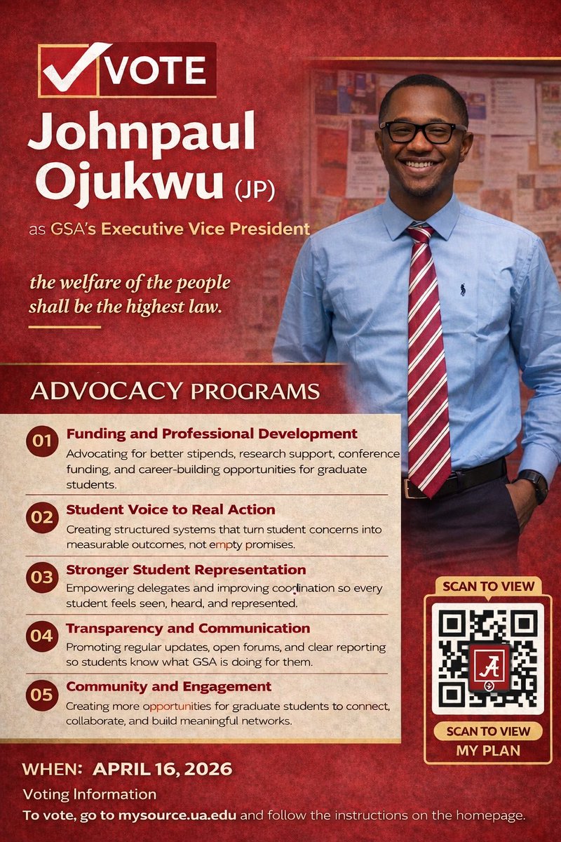 jp_ojukwu's tweet photo. "Salus populi suprema lex esto" - the welfare of the people shall be the highest law.

This commitment to service is my drive to run for the EVP position, because I am not running to simply represent you. I am running to organize, coordinate, and deliver for you.

#Rolltide #Bamaites