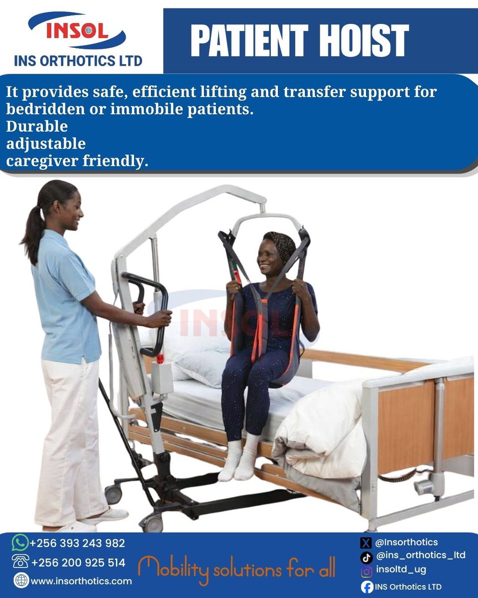 Insorthotics's tweet image. Safe transfers, zero strain. 
 Our Patient Hoist makes moving from bed to chair smooth and dignified for patients while protecting caregivers from back injuries. 
Durable, adjustable, and designed for total peace of mind. #MobilitySolutions #PatientCare #CaregiverSupport