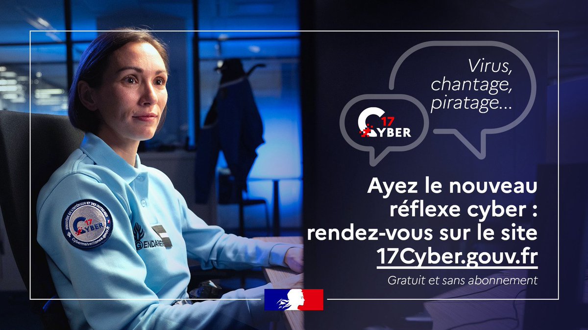 Gendarmerie's tweet image. #Cyber 💻 L'assistance personnalisée en ligne pour diagnostiquer et résoudre les problèmes, c'est #17Cyber !
Rançongiciel, piratage d'un système informatique, virus... s'adresse aussi bien aux particuliers, aux entreprises et associations, qu'aux administrations et collectivités.