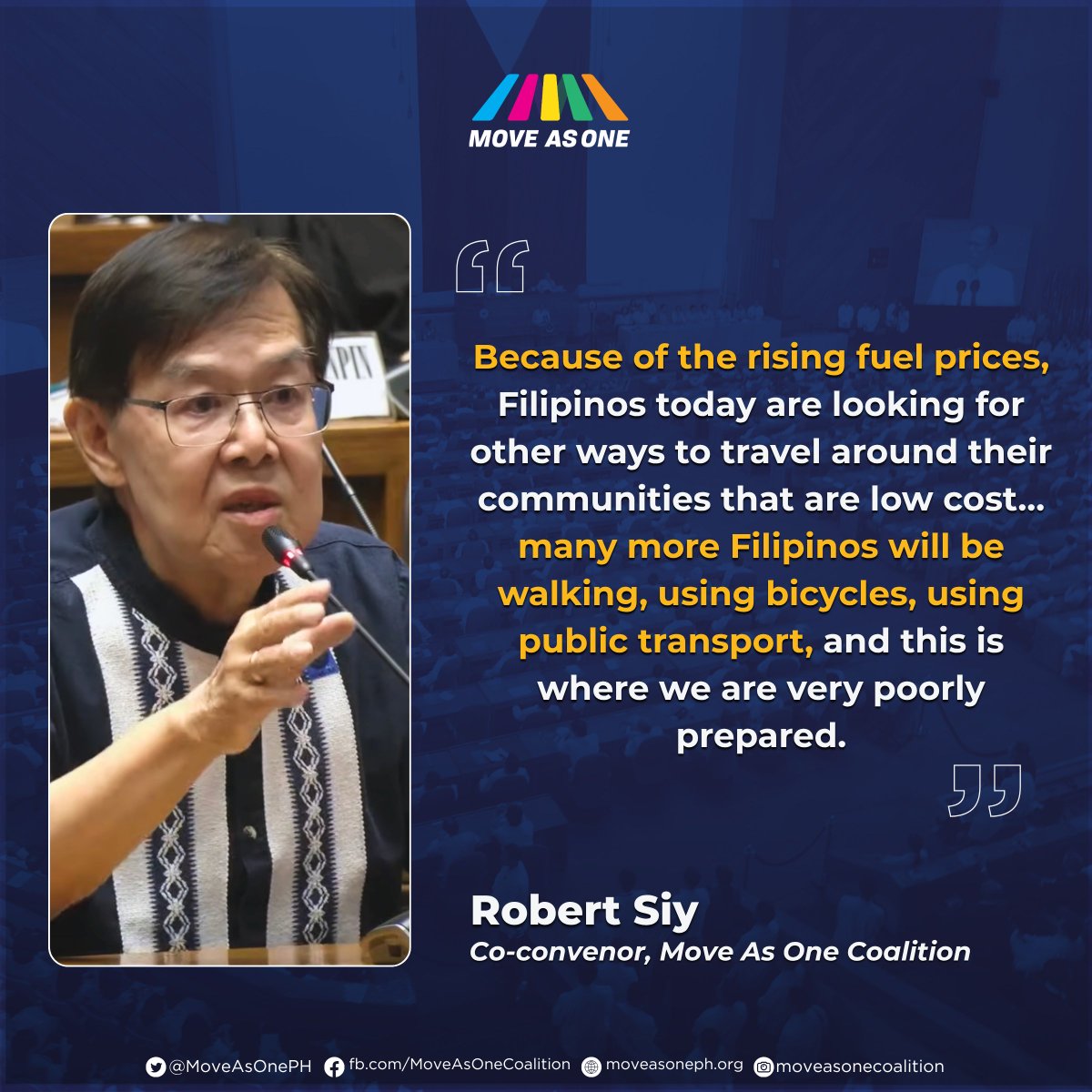 MoveAsOnePH's tweet photo. What happens when fuel prices rise?
More Filipinos are forced to walk, bike, or rely on public transport systems that are not yet ready to support them.
At the recent joint committee hearing, Move As One Co-convenor Robert Siy emphasized this. https://t.co/5pOrCiDpSx