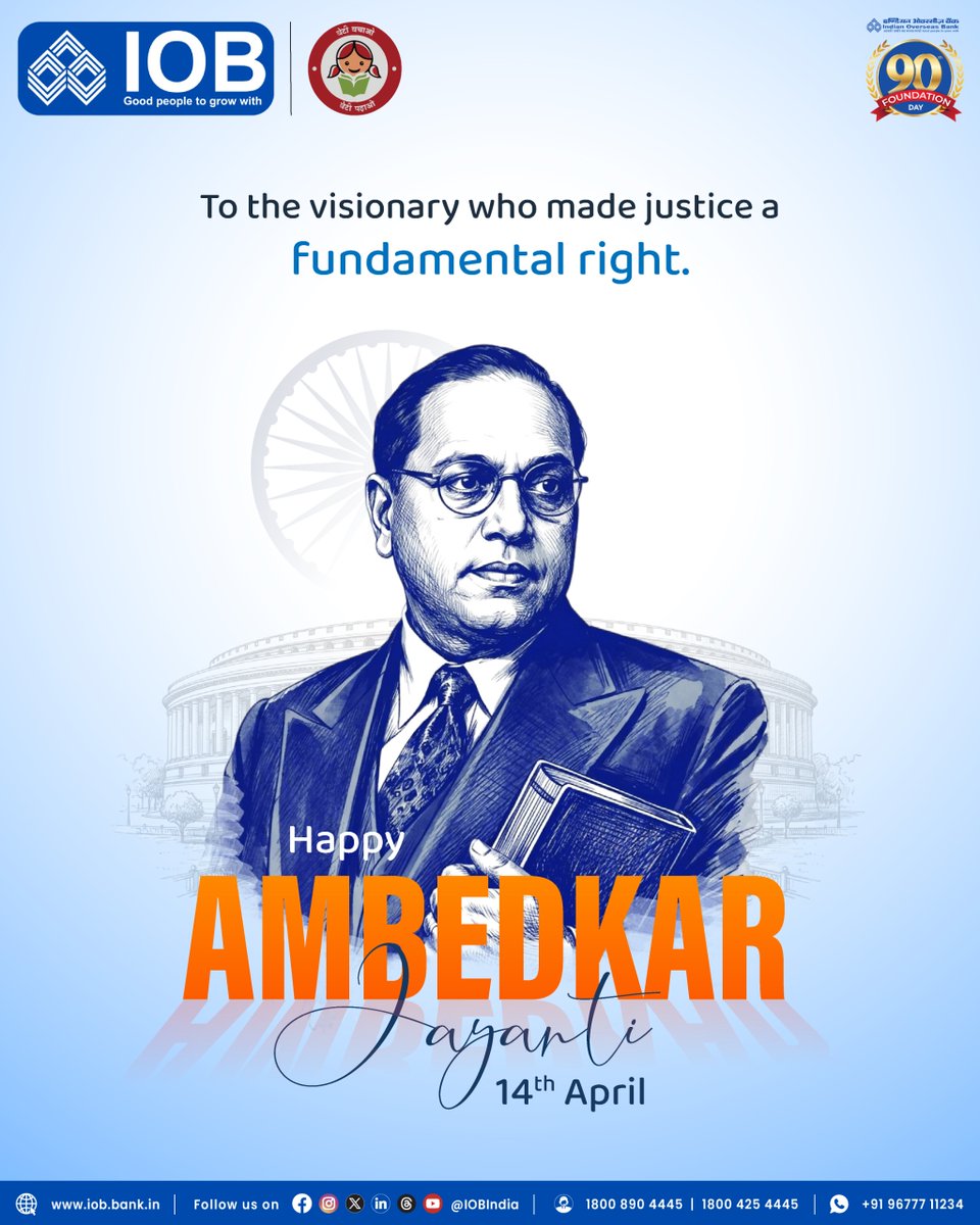 IOBIndia's tweet image. Remembering Dr. B.R. Ambedkar, whose legacy continues to inspire us toward an inclusive future.

At IOB, we honor his ideals by serving every Indian with dignity and respect. 🙏

#AmbedkarJayanti #BabasahebAmbedkar #EqualityForAll #IOBSalutes #InclusiveBanking #IOB #DFS #RBI