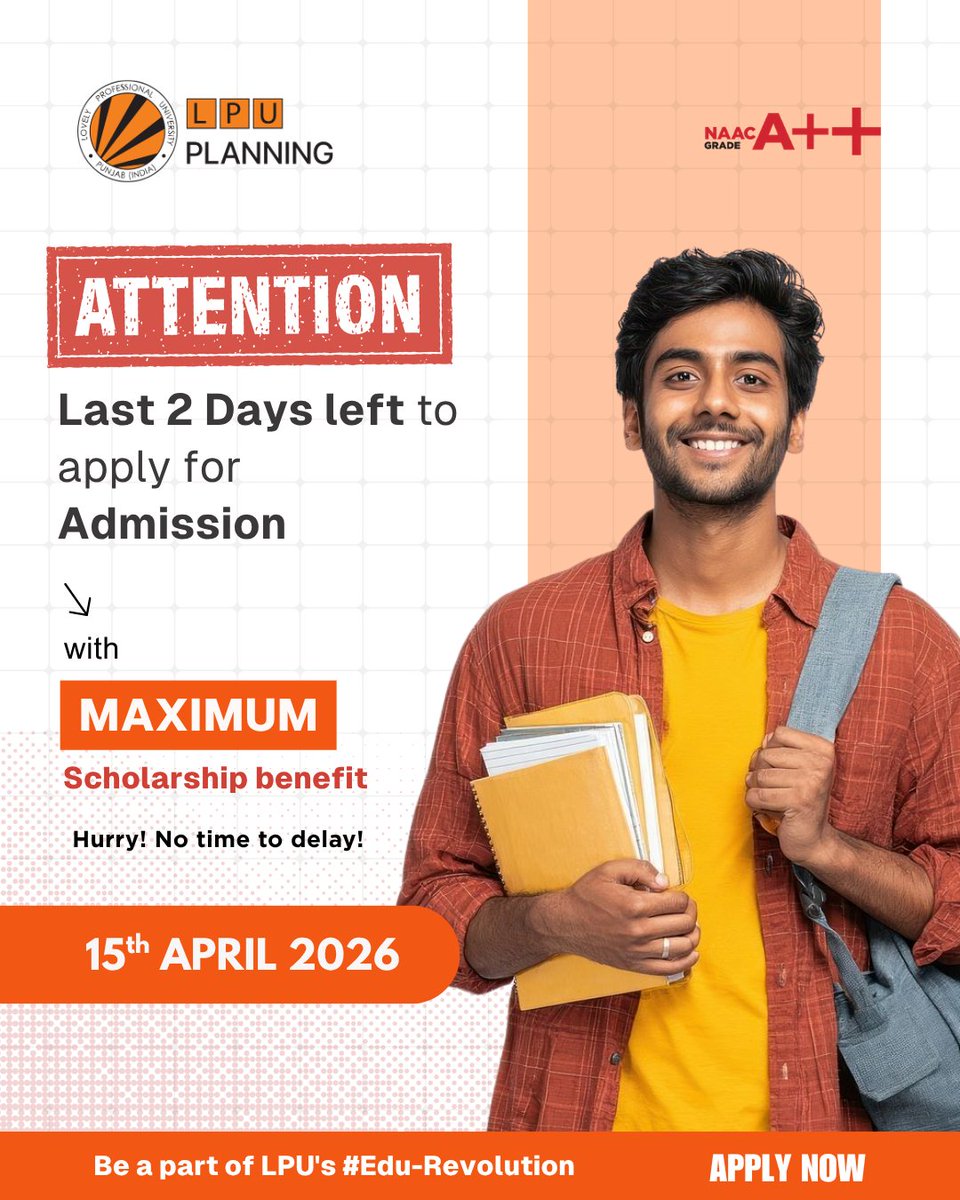 LPUPlanning's tweet image. ⏳ Last 2 days to turn your dreams into reality!

Don’t miss your chance to secure admission with maximum scholarship benefits and take the first step toward a brighter future. 🎓✨

Apply now before it’s too late—your journey starts here! 🚀

#LastChance #AdmissionsOpen