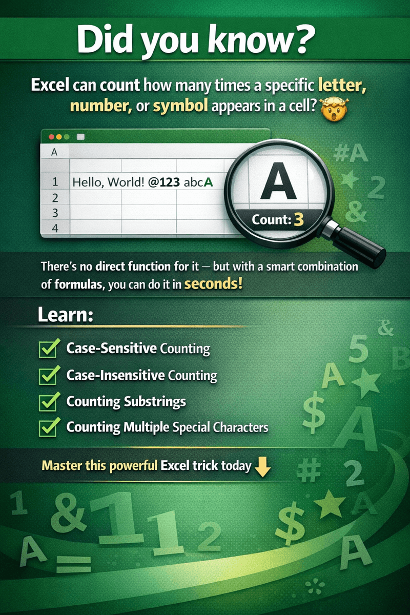 ex_ins's tweet image. Excel can’t count specific characters directly… but here’s the trick 👇

=LEN(cell)-LEN(SUBSTITUTE(cell,"a",""))

Learn to count letters, substrings, special characters, case-insensitive &amp;amp; more.

Full guide 🔗
excelinsider.com/excel-pro-tips…

#ExcelTips #ExcelFormulas #DataAnalysis 📊