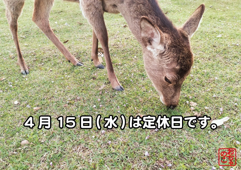 早めにお知らせ。
明日4月15日(水)は定休日です。よろしくお願いします🌸