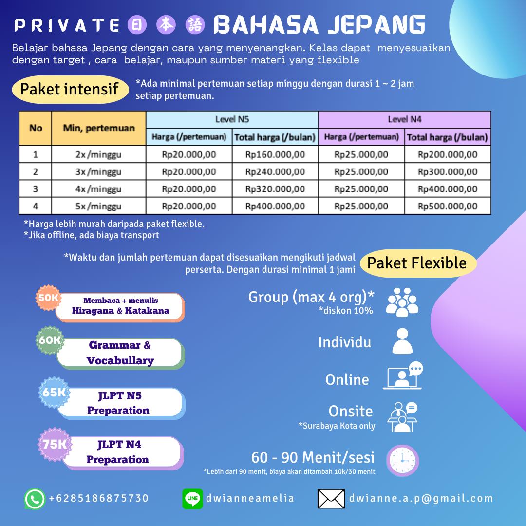cchan_ann's tweet image. Hi there! Sedang ingin belajar bahasa Jepang? Atau lagi mau ikut JLPT? 

Yuk kita mulai perjalanan belajar bahasa Jepang bersama! Buat area Surabaya bisa offline lho!

Harga bisa di diskusikan kembali jika perlu🫶🏻

#bahasaJepang #Surabaya #onlineclass #kelasonline