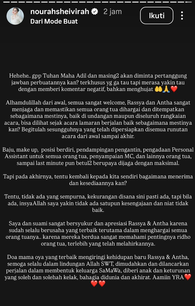 kamarlintang's tweet photo. Ibu tiri Teuku Rassya ikut buka suara usai dituduh seolah "mencuri spot" Tamara Bleszynski di resepsi pernikahan Rassya,

Nurah Pasya menegaskan kalau Rassya & istrinya udah bikin rundown acara yg mengutamakan Tamara,

Nurah posting tulisan panjang yg sebagian berisi, "Tapi pada akhirnya, tentu kembali kepada kita sendiri bagaimana menerima dan kesediaannya kan? Tentu, tidak ada yang sempurna, kekurangan disana sini pasti ada, tapi bila ada, insyaAllah saya yakin tidak ada satupun kesengajaan dan niat tidak baik."