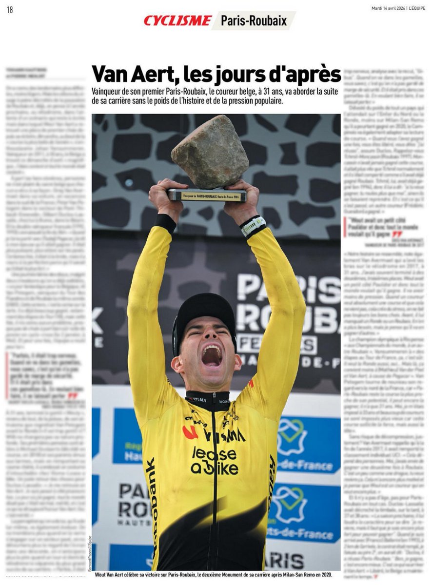 RenaudB31's tweet image. #ParisRoubaix 🪨 / #Média 📰
Enfin victorieux sur Paris-Roubaix, 🇧🇪 Wout Van Aert (TVL) est maintenant libéré : "Il n'en a plus besoin mais je pense qu'il va en gagner d'autres."

📰 L'Équipe du 14/04