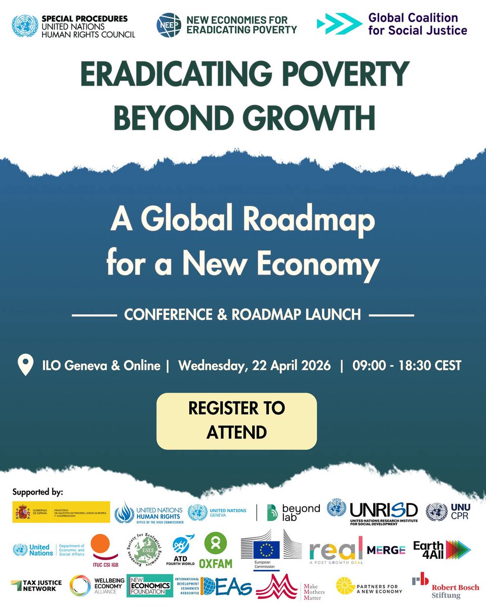 ATD_Europe's tweet image. 📢 SAVE THE DATE | Eradicating Poverty Beyond Growth: A New Economic Roadmap 

📆 22 April 2026
⏰ 09:00-18:30 CEST 
📍ILO Geneva (and online)

Organized by: Special Procedures @UN Human Rights and #Neep New Economies for Eradicating Poverty

With the United Nations Research