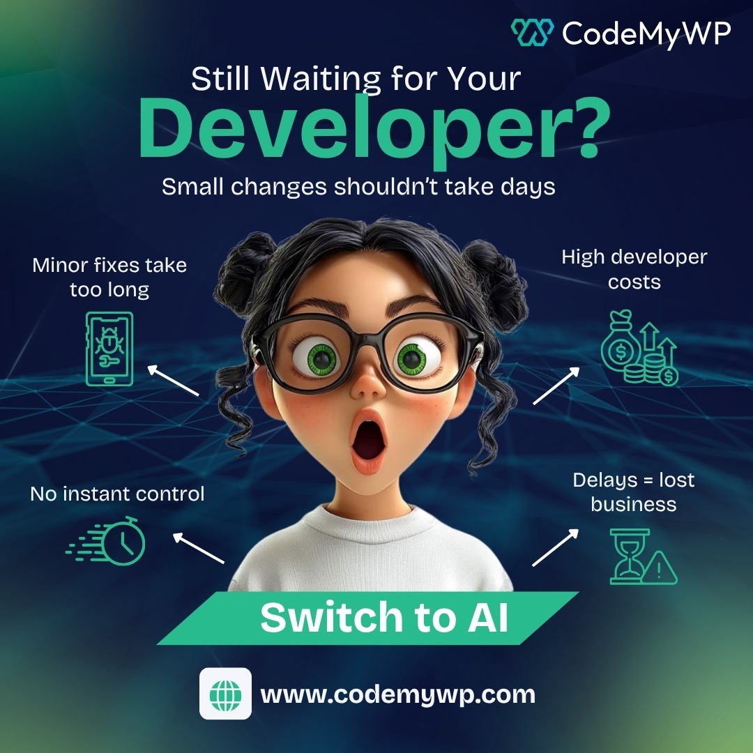 codemywpai's tweet photo. Still waiting days for small website changes? 
Paying high dev costs for minor fixes? 
Stop depending. Start building. ⚡
Faster updates. Lower costs. Full control with AI.
👉 https://t.co/cR8tWWvTw9

#AI #NoCode #WebDev #StartupGrowth #Automation https://t.co/8RuSpKU8gk