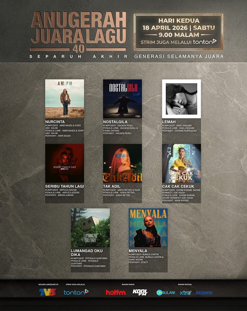 20 lagu telah terpilih.
40 tahun membina Generasi Selamanya Juara.
Kini… siapa bakal mencipta sejarah seterusnya?

NANTIKAN ANUGERAH JUARA LAGU 40 SEPARUH AKHIR
JUMAAT &amp; SABTU
17 &amp; 18 APRIL, 9.00 MALAM
DI TV3 &amp; STRIM JUGA MELALUI TONTON

#SFAJL40
#GenerasiSelamanyaJuara