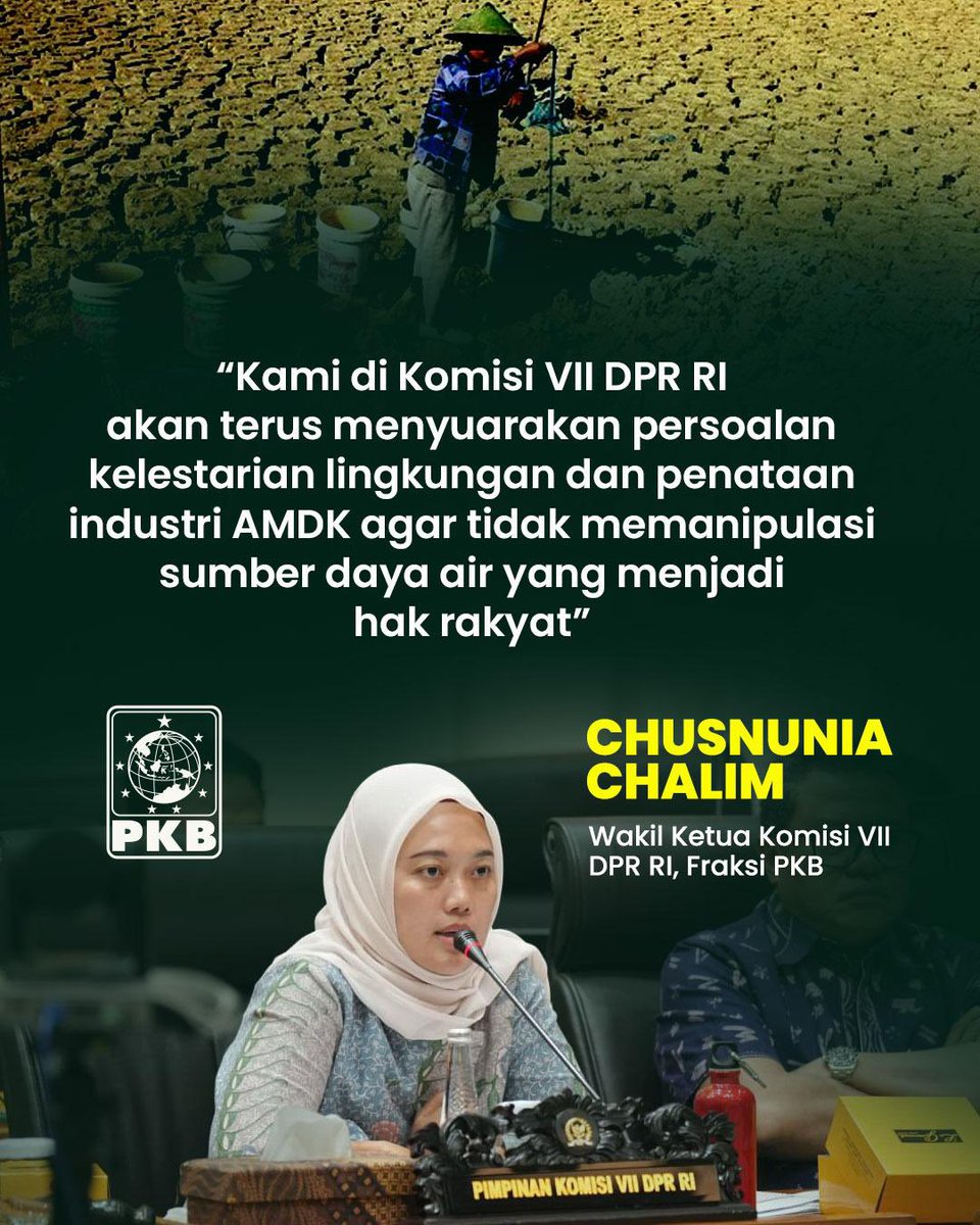 Chusnunia Chalim, Wakil Ketua Komisi VII DPR RI Fraksi PKB, menegaskan pentingnya penataan industri AMDK agar tidak merugikan lingkungan dan tidak mengganggu hak masyarakat atas sumber daya air. 

#PKB <a href="/mbaknunik_/">mbak_nunik</a>