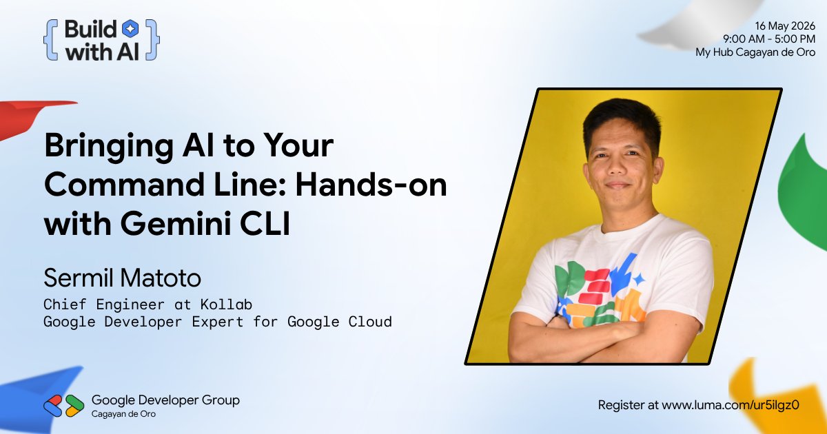 gdgcdo's tweet image. CDO devs 👋

Hands-on with Gemini CLI is coming! 🤖💻
Learn how AI can supercharge your command line with Sermil Matoto 🚀
📅 May 16, 2026
📍 My Hub CDO
🔗 luma.com/ur5ilgz0

#BuildWithAI #GDGCDO #AI #Developers