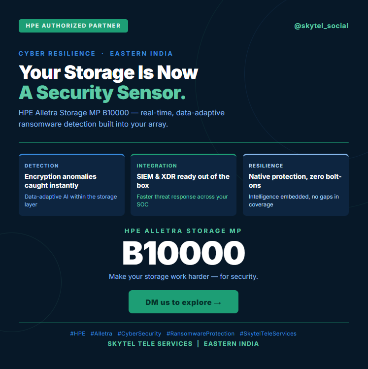 skytel_social's tweet photo. The new HPE Alletra Storage MP B10000 turns storage into an intelligent security sensor with real-time ransomware detection.
As an HPE partner, Skytel delivers cyber resilience across India
Ready to strengthen your storage security? DM us.
#HPE #CyberSecurity #SkytelTeleServices https://t.co/HSnHDfMAtp