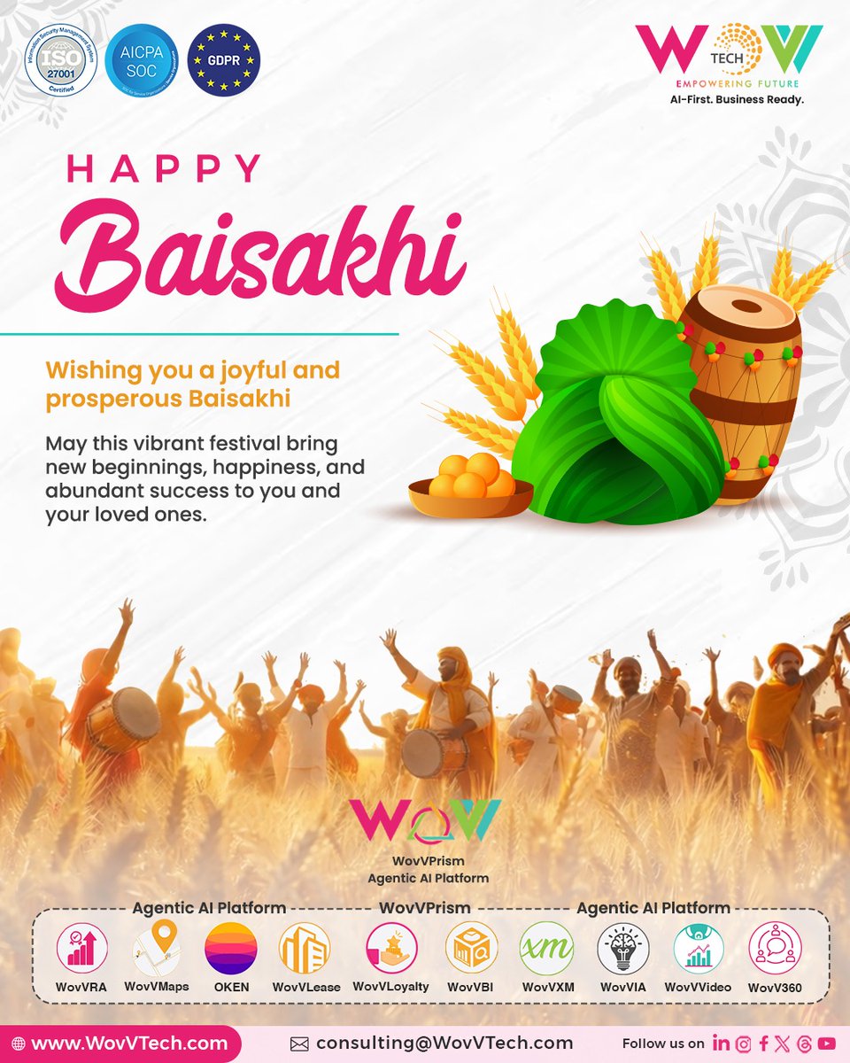 wovvtech's tweet photo. 🌾✨ Happy Baisakhi! ✨🌾

Warm festive wishes from WovVTech 🌼

May this vibrant harvest festival bring with it new opportunities, abundant growth, and continued success in all your endeavors.

#HappyBaisakhi #SeasonOfHarvest  #NewBeginnings #WovVTech #WovVPrism #AgenticAI https://t.co/hWtTeCxxDH
