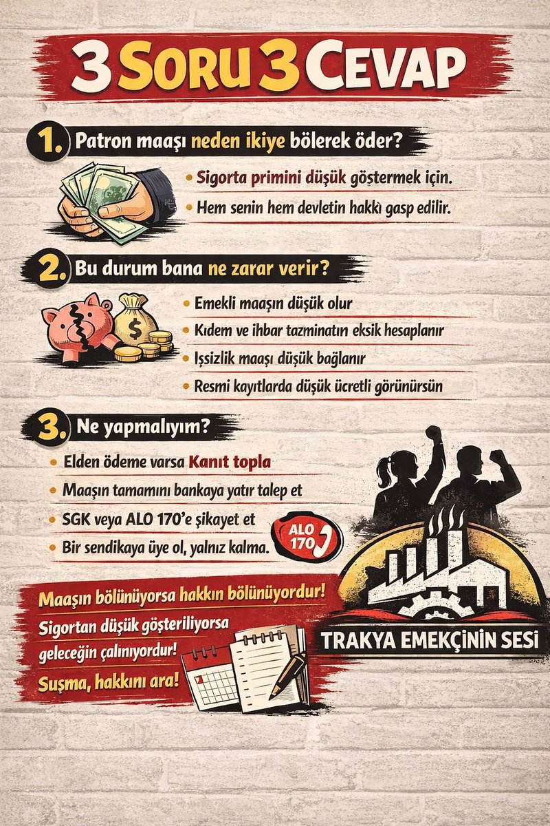 Maaşın bölünüyorsa hakkın çalınıyordur!
Sigortan düşük gösteriliyorsa geleceğin tehlikede.
Susma, hakkını ara!

#gündem #haber #sondakika #birliktegüçlüyüz #trakyaemekçininsesi
#salı #Węgry