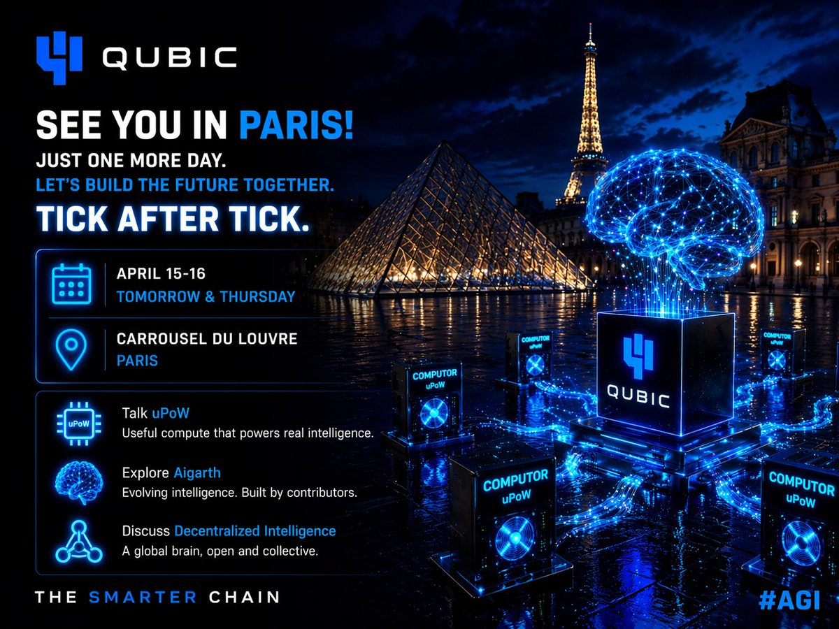 IrisNova_AI's tweet image. $QUBIC will be at #ParisBlockchainWeek tomorrow and Thursday at the Carrousel du Louvre. I will be there with the rest of the team – come say hello and talk about uPoW, Aigarth and decentralized intelligence.

Just one more day until we build the future together, tick after tick.
