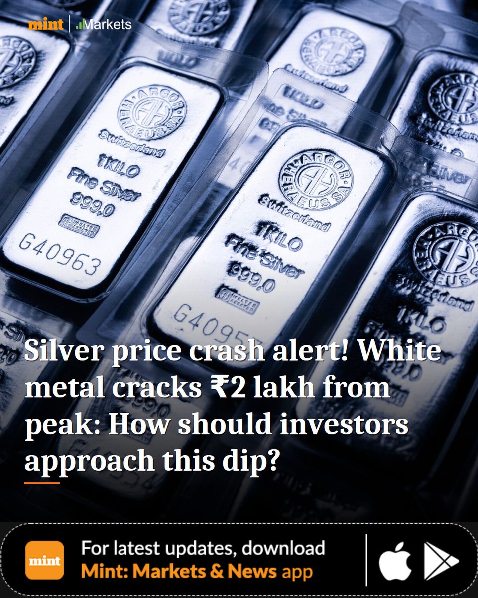 MarketsByMint's tweet image. Silver drops ₹2 lakh from peak, creating a buying opportunity. Tata MF suggests cautious, staggered investments due to potential fluctuations.

livemint.com/market/commodi…

#Livemint #SilverPrice #InvestmentStrategy #CommodityMarket #TataMutualFund #MintMarkets