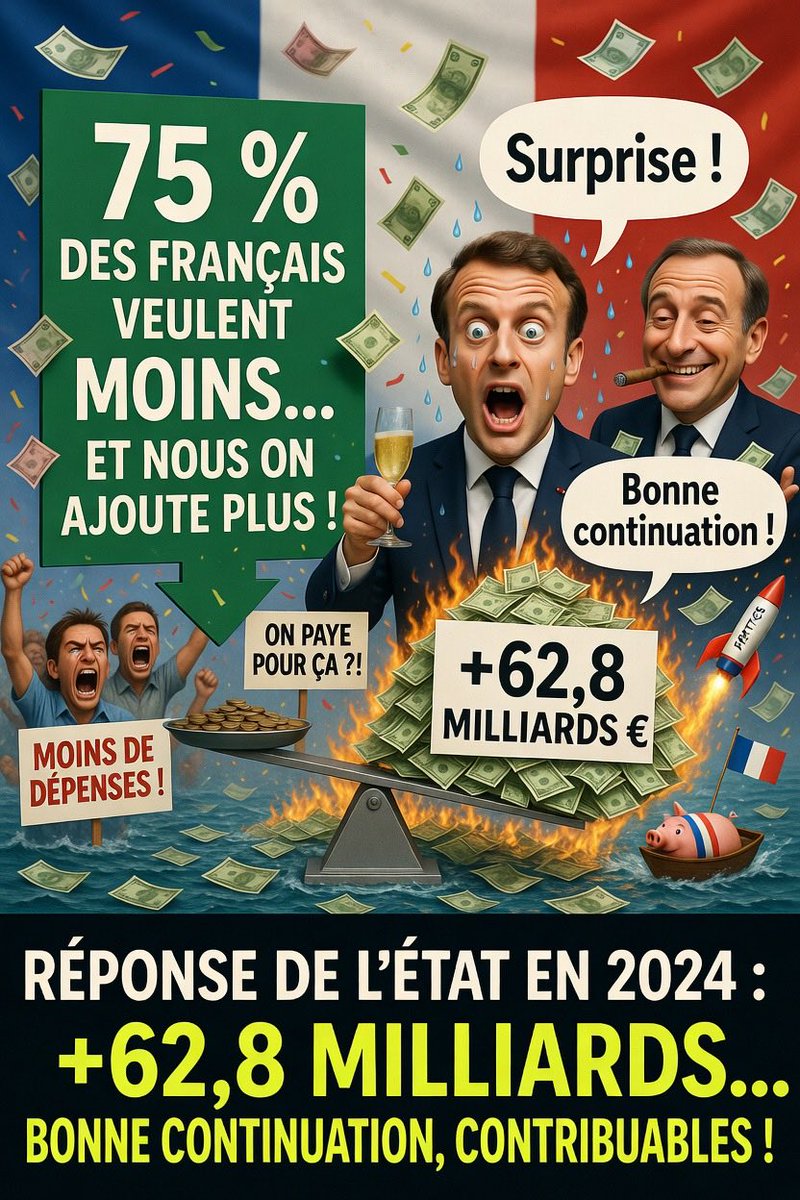 🚨 Alerte infos Les dépenses publiques en 2024 - 1670 milliards d’euros.!
    Soit +62,8 milliards par rapport à 2023.
En une seule année.

➡️ Résultat : un déficit de 168,6 milliards d’euros.
Soit 5,8% du PIB.
La France est le seul pays d’Europe à avoir connu une telle