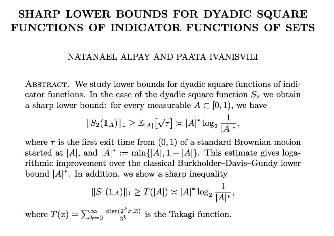 PI010101's tweet photo. We’ve just finished revising the paper to incorporate the Bellman function suggested by Grok 4.20: https://t.co/pgJw9Mbcpz

I’ll say this: it’s quite rare in this field for a sharp bound (i.e., an exact Bellman function) to admit such a clean closed form. Interestingly, there are two ways to represent the solution: one via a stopping-time construction (a probabilistic approach, as Grok did), and another via an infinite series (a more analytic, Fourier-based approach). Had one pursued the latter, verifying the “two-point inequality” would have been extremely difficult.