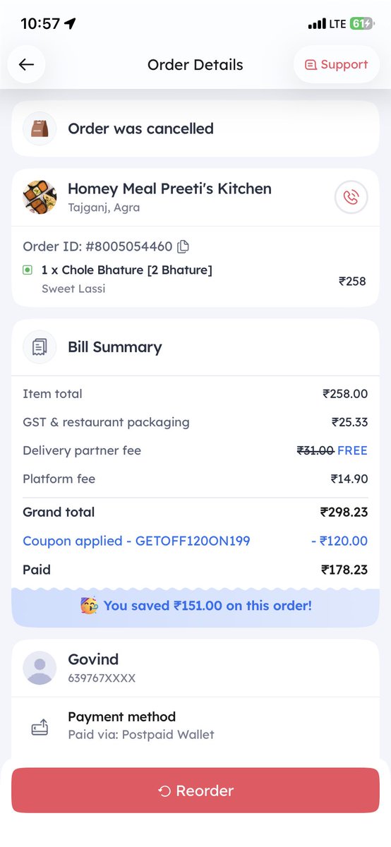 rajputgovind08's tweet photo. @zomato Ordered at 10:28 AM, cancelled at 10:30 AM (within 2 mins), yet full amount charged as “cancellation fee”.

No order received, no service given. This is unfair.

Requesting full refund ASAP or I’ll escalate to Consumer Helpline.

#Zomato #RefundIssue https://t.co/qfB1uIMHrf