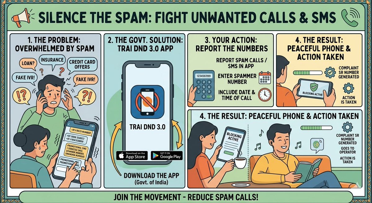 knowyourcard's tweet image. Fed up with nonstop loan calls, CC spam, insurance &amp;amp; fake IVRs? 😤

REAL fix: Download TRAI DND App (Govt of India) NOW!

Report spam calls/SMS with number + time 👇
✅ Straight to your operator
✅ Gets SR number
✅ Action happens FAST

I tried it—spam DROPPED! #StopSpam