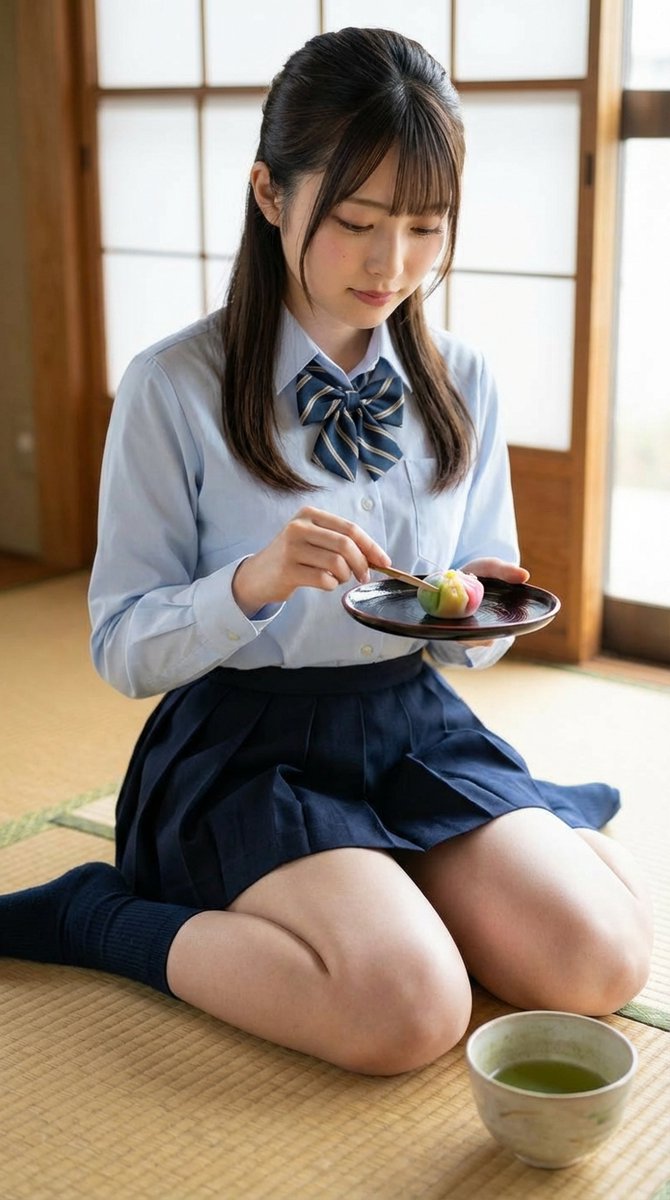 yamayamajobrock's tweet image. 和菓子も可愛くて美味しい✨

#Matcha #JapaneseCulture #jk #女子高生 #制服 #AI美女 #AIart