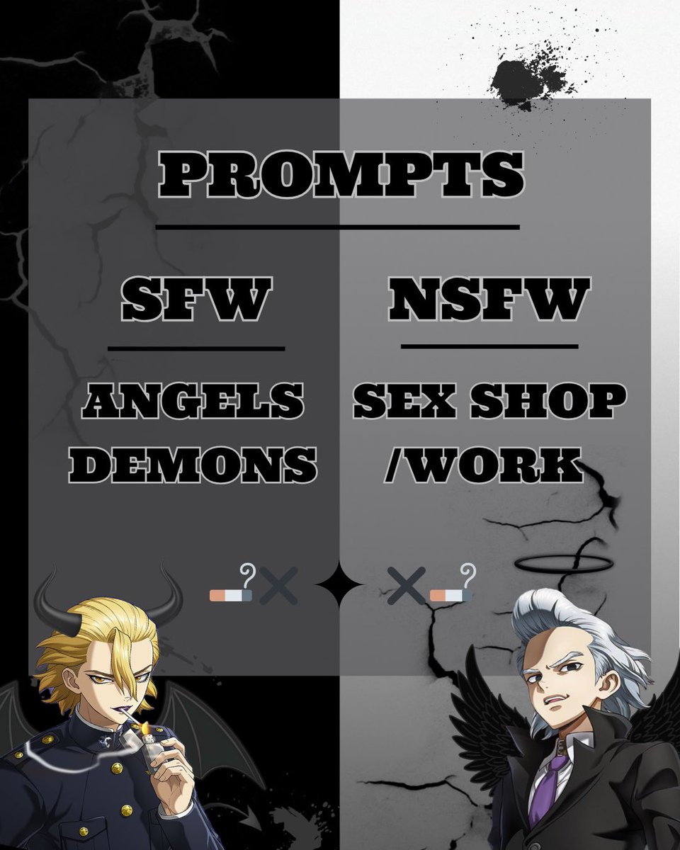 stanxenoevents's tweet photo. Here are the week 3 prompts~! ✨🚬✖️

#stanxeno #xenostan #dcst #drstone https://t.co/4AmO4ejTQU
