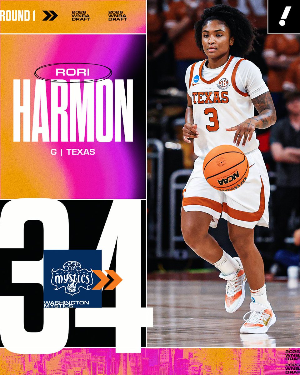 YahooSports's tweet image. The Washington Mystics select Texas' Rori Harmon 34th overall in the WNBA Draft 🤘
