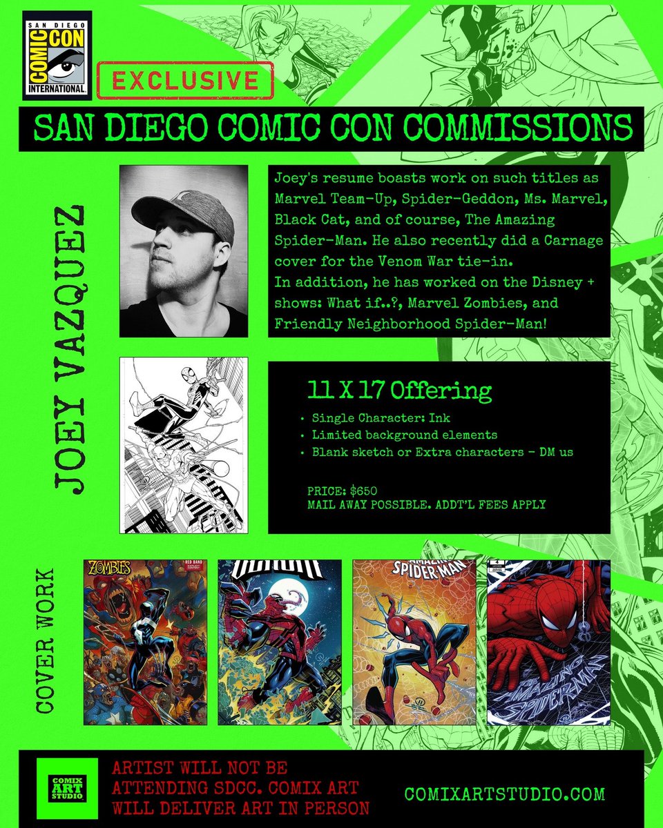 SD_Comic_Con's tweet image. Did you want updates to our list of #SDCC 2026 artists with open commissions? Well, we just added some super-talented artists from @comixartconnect, including @JoeyVazquezart and @ikadraws, as well as the amazing @Sweeney_Boo: sdccblog.com/2026/04/list-o…