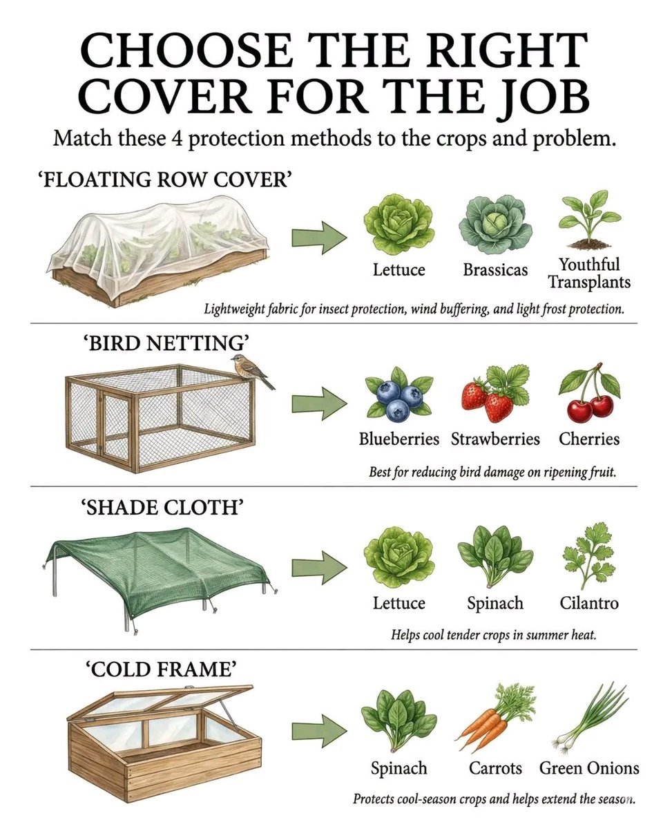 dufitalexis1's tweet image. Choosing the right cover can protect crops from insects, birds, frost, or summer heat without making gardening more complicated. 🥬🛡️ Step by step: match the problem first, then pick the cover that best fits the crop and the season.